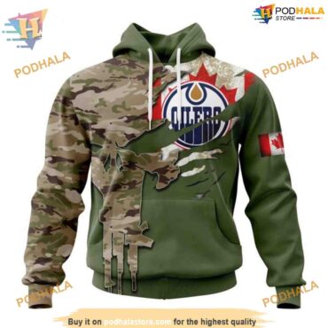 Custom Name And Number Camo Skull Design NHL Edmonton Oilers Hoodie 3D - Podhalastore
